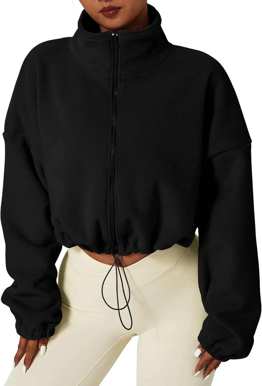 Womens Warm Cropped Fleece Jacket Zip up Long Sleeve Soft Sherpa Short Coat