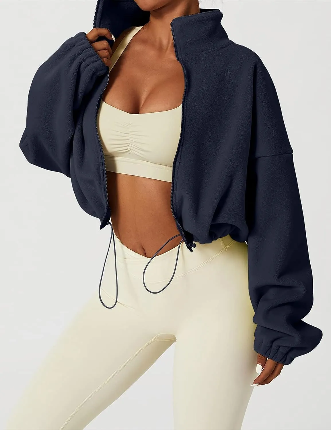 Womens Warm Cropped Fleece Jacket Zip up Long Sleeve Soft Sherpa Short Coat