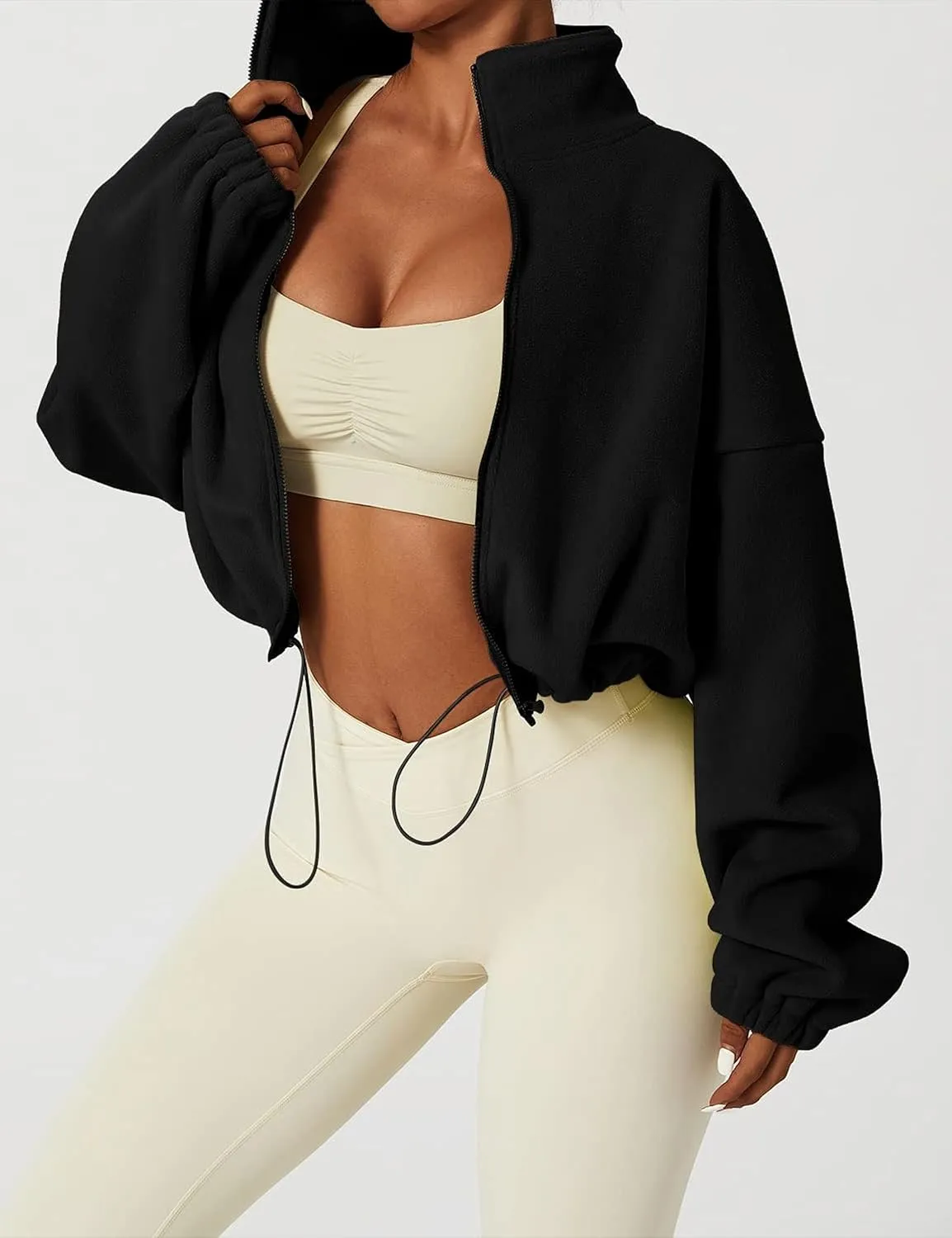 Womens Warm Cropped Fleece Jacket Zip up Long Sleeve Soft Sherpa Short Coat
