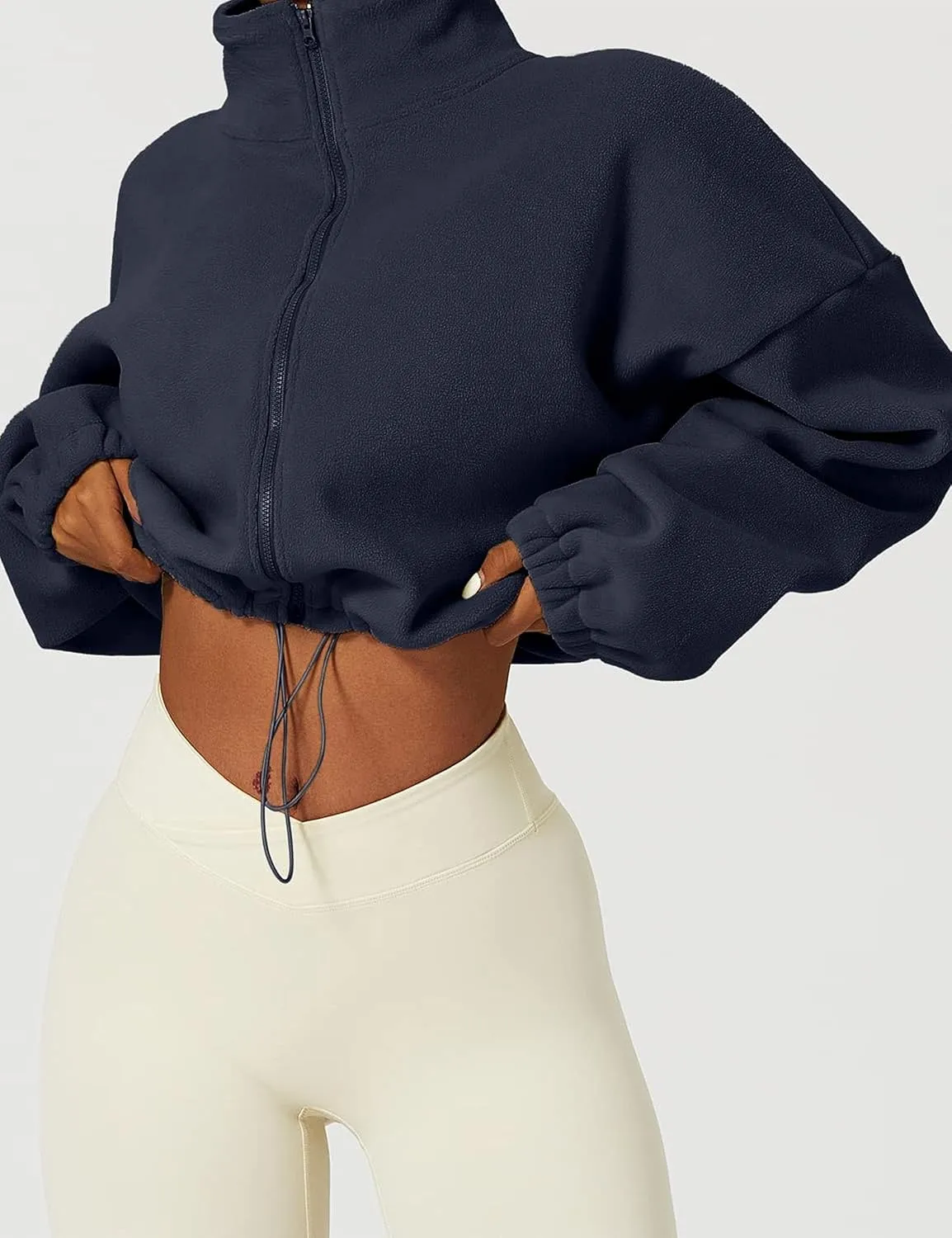 Womens Warm Cropped Fleece Jacket Zip up Long Sleeve Soft Sherpa Short Coat