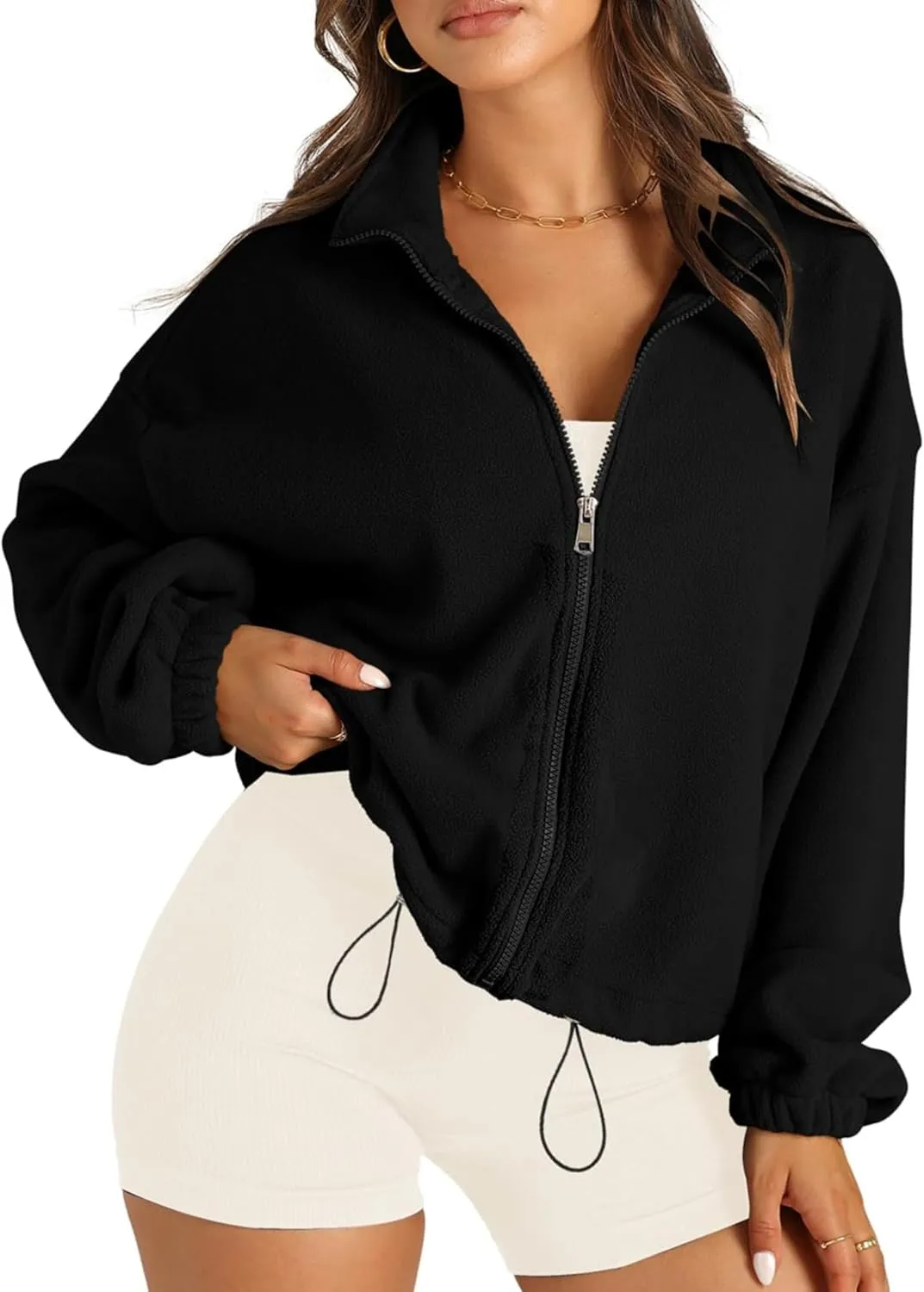 Womens Warm Cropped Fleece Jacket Zip up Long Sleeve Soft Sherpa Short Coat