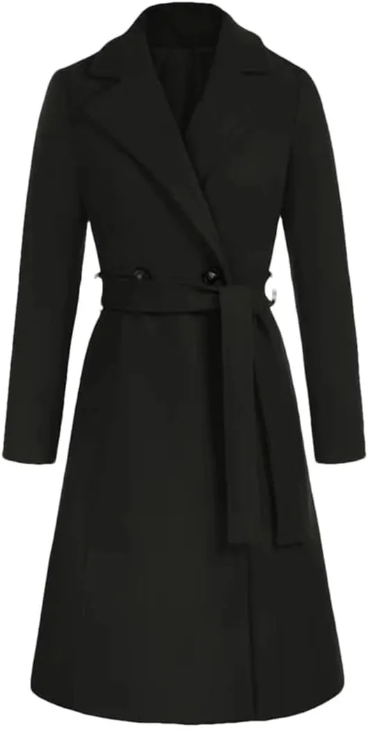 Women's Winter Wool Blend Windbreaker Warm Notched LApel Double-Breasted Mid-Length Coat Outdoor LApel Jacket