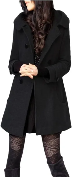 Women's Winter Wool Blended Long Coat Double Breasted Hooded Outdoor Warm Windbreaker Jacket