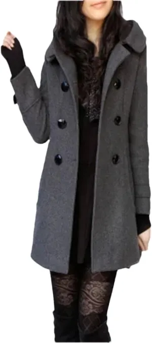 Women's Winter Wool Blended Long Coat Double Breasted Hooded Outdoor Warm Windbreaker Jacket