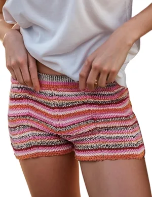 Womens Y2K Striped Knit Shorts High Waisted Short Lounge Summer Elastic Rainbow Color Block Sweater Shorts