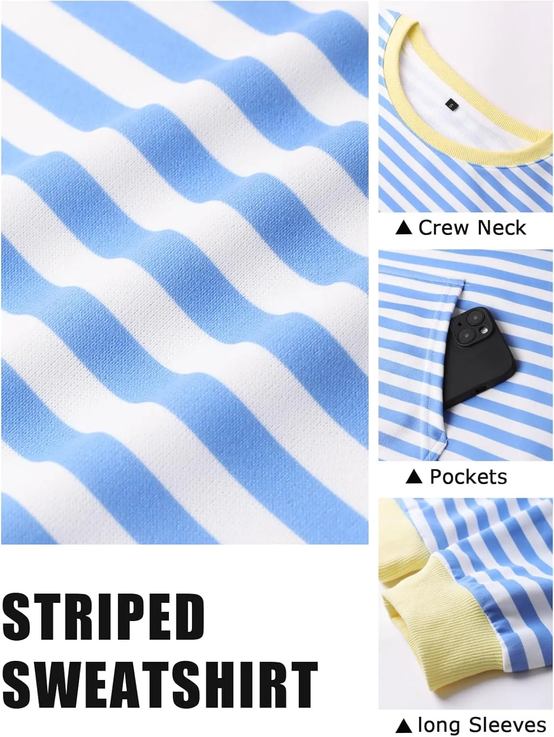 YATHON Womens Striped Sweatshirt Casual Long Sleeve Color Block Crew Neck Loose Pull Over Y2K Fall Tops with Pockets
