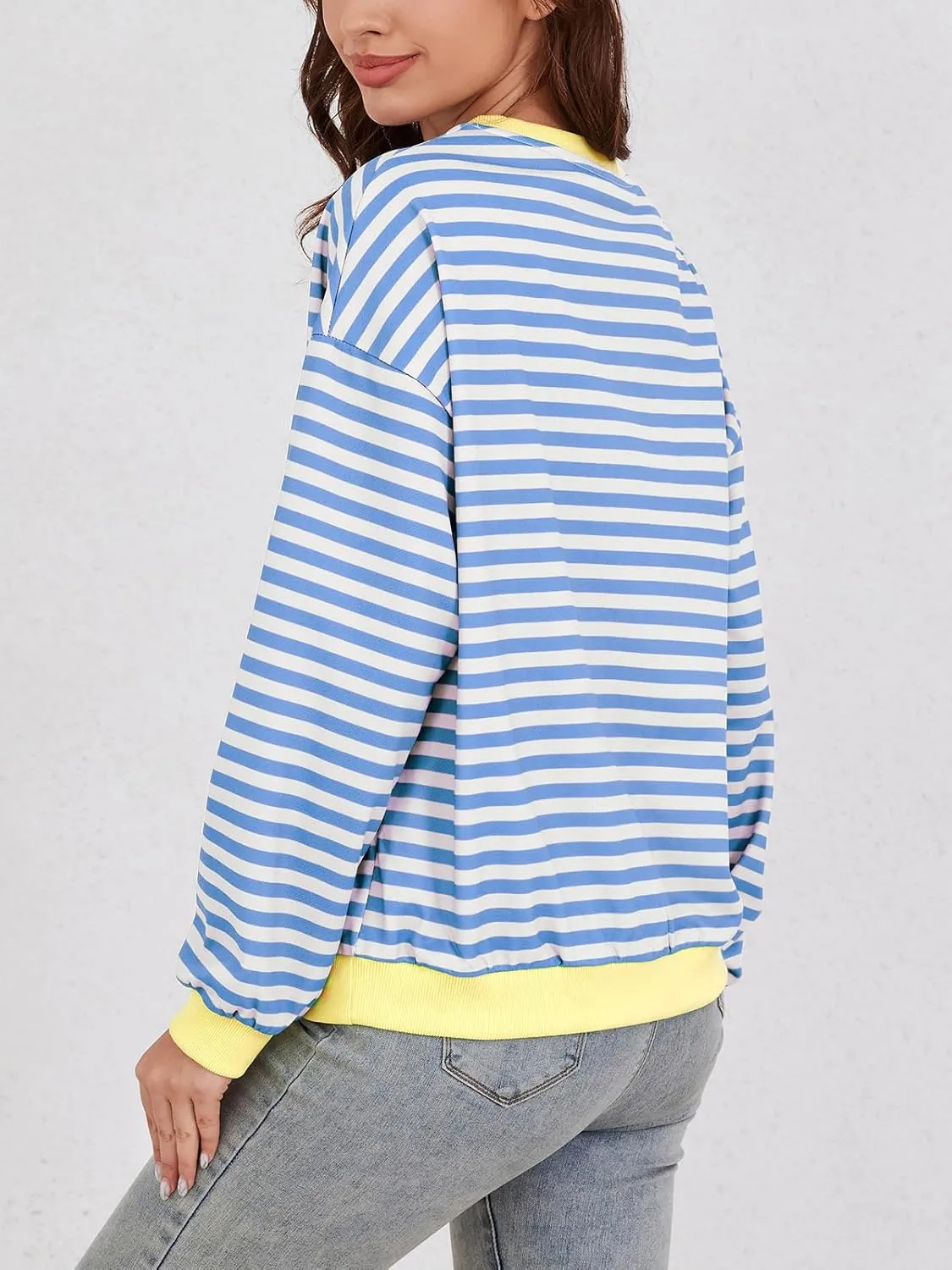 YATHON Womens Striped Sweatshirt Casual Long Sleeve Color Block Crew Neck Loose Pull Over Y2K Fall Tops with Pockets