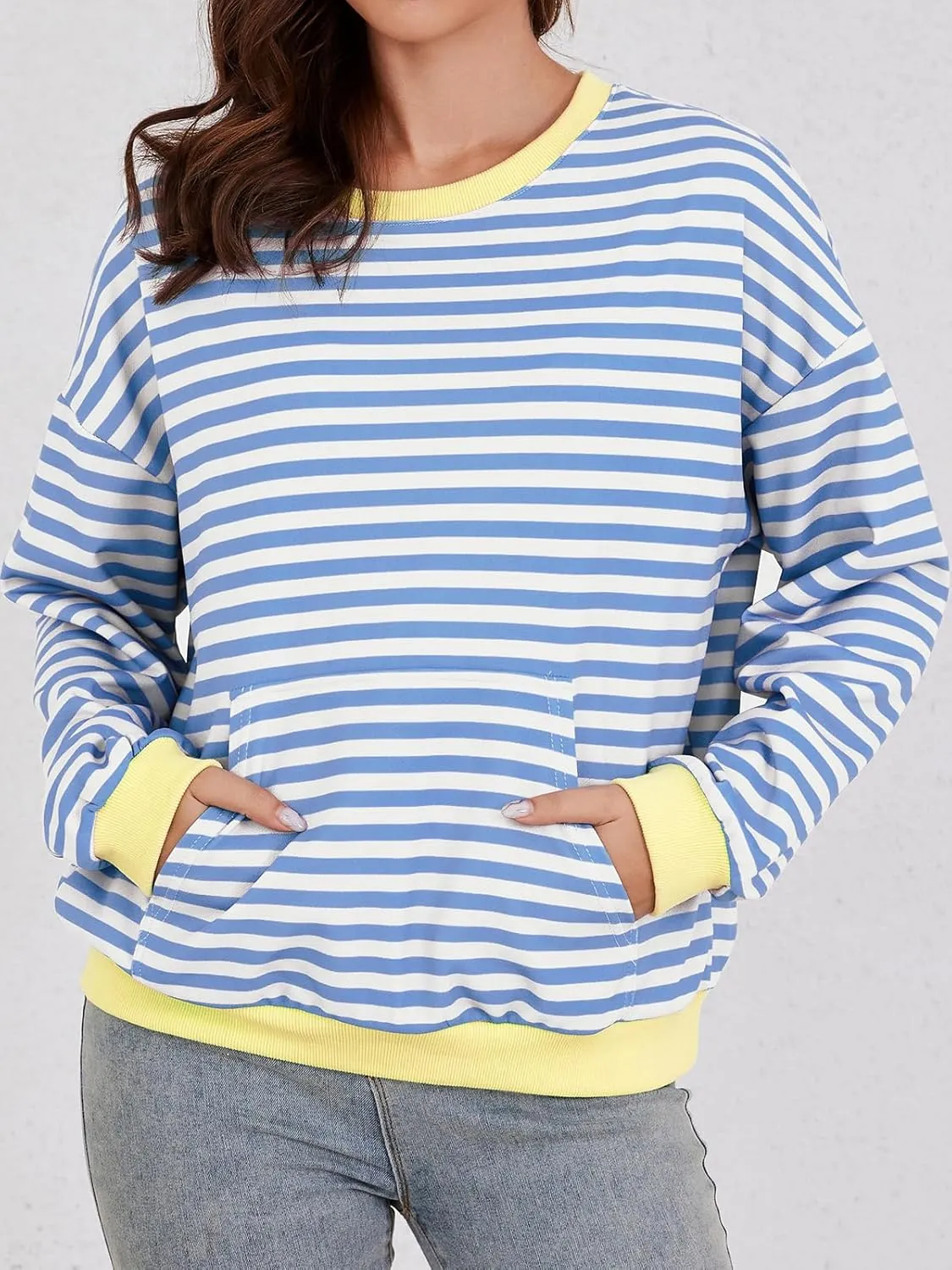 YATHON Womens Striped Sweatshirt Casual Long Sleeve Color Block Crew Neck Loose Pull Over Y2K Fall Tops with Pockets