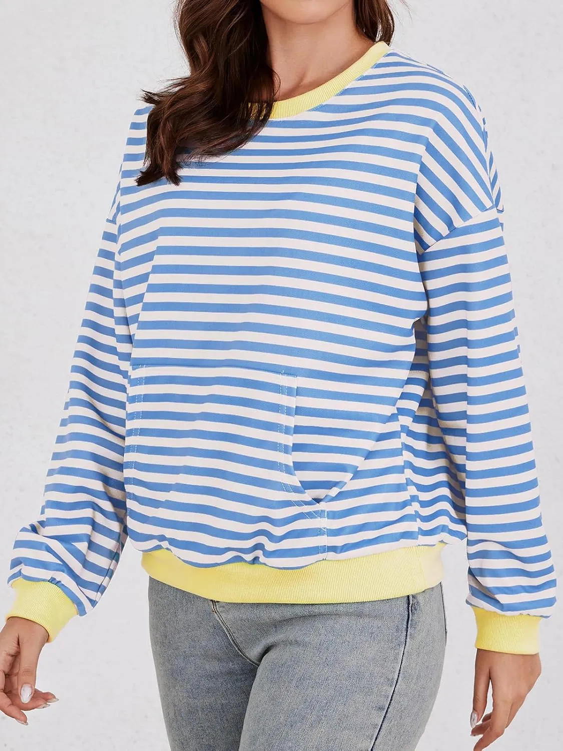 YATHON Womens Striped Sweatshirt Casual Long Sleeve Color Block Crew Neck Loose Pull Over Y2K Fall Tops with Pockets