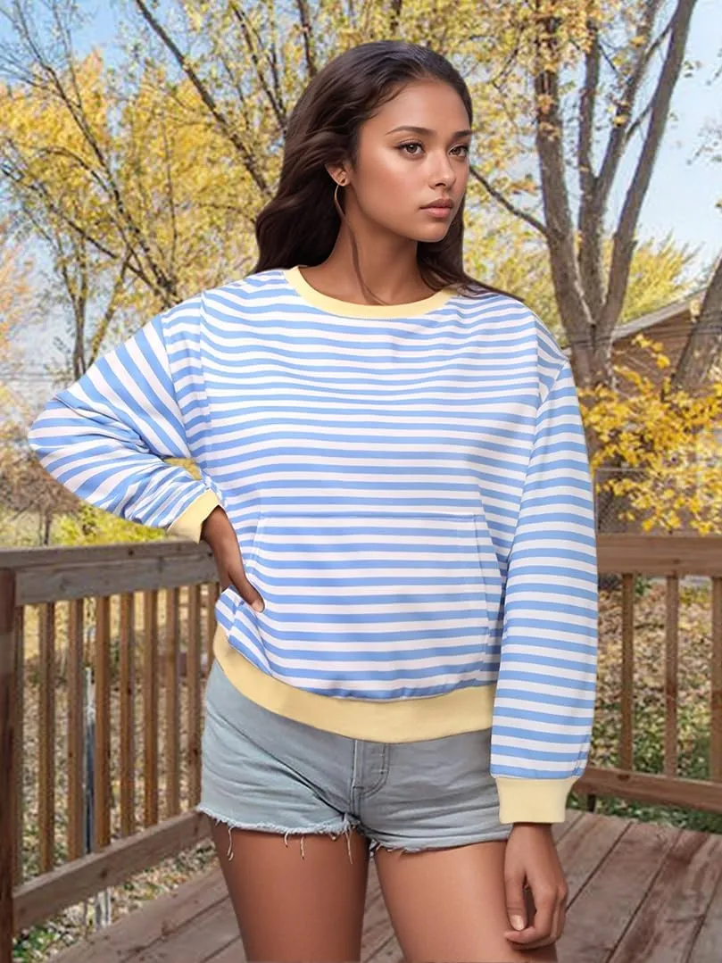 YATHON Womens Striped Sweatshirt Casual Long Sleeve Color Block Crew Neck Loose Pull Over Y2K Fall Tops with Pockets