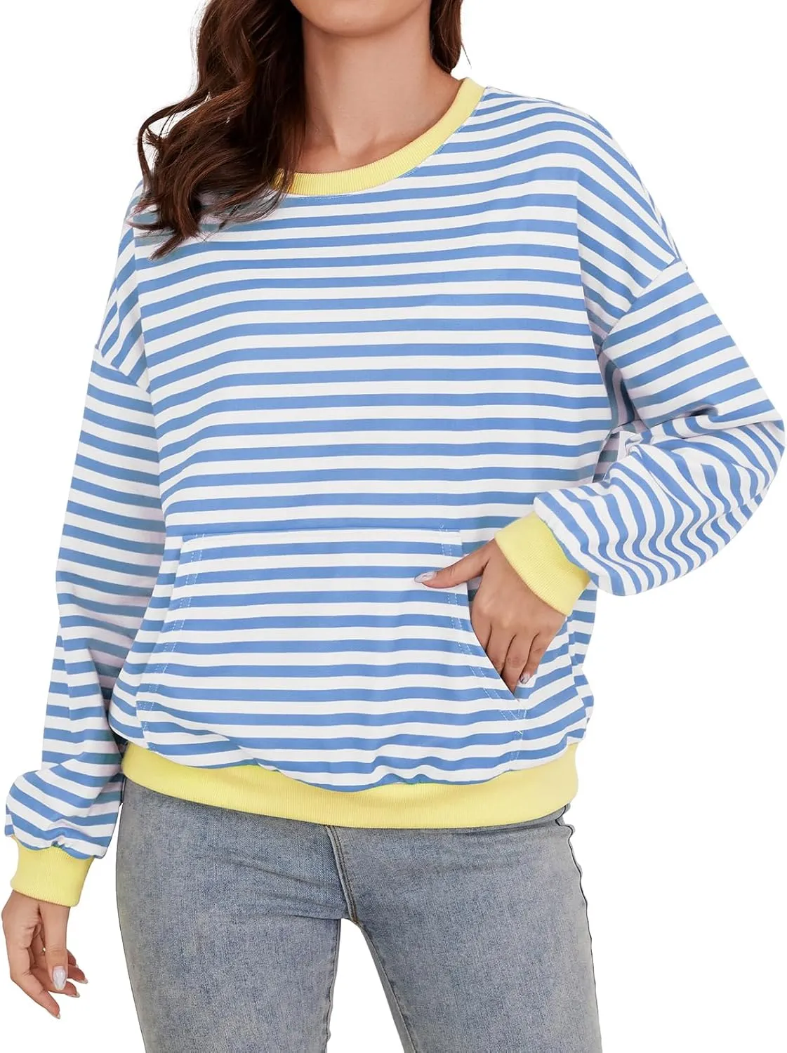 YATHON Womens Striped Sweatshirt Casual Long Sleeve Color Block Crew Neck Loose Pull Over Y2K Fall Tops with Pockets