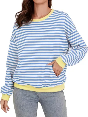 YATHON Womens Striped Sweatshirt Casual Long Sleeve Color Block Crew Neck Loose Pull Over Y2K Fall Tops with Pockets