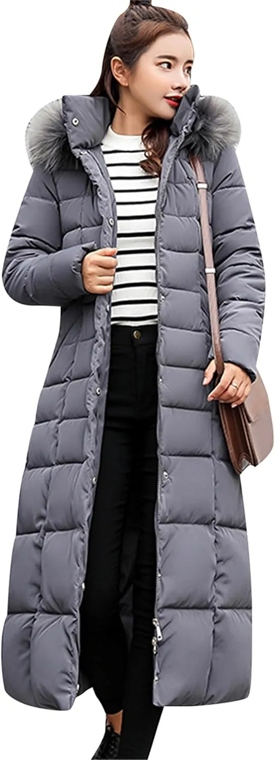 YMING Women's Winter Long Down Coat Pockets Maxi Down Parka Warm Puffer Jacket with Faux Fur Hood