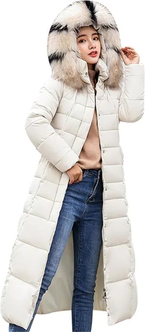 YMING Women's Winter Long Down Coat Pockets Maxi Down Parka Warm Puffer Jacket with Faux Fur Hood