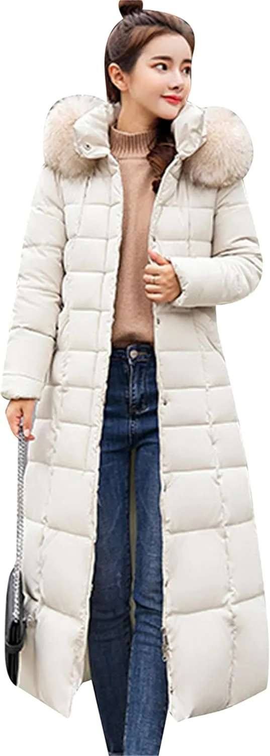 YMING Women's Winter Long Down Coat Pockets Maxi Down Parka Warm Puffer Jacket with Faux Fur Hood