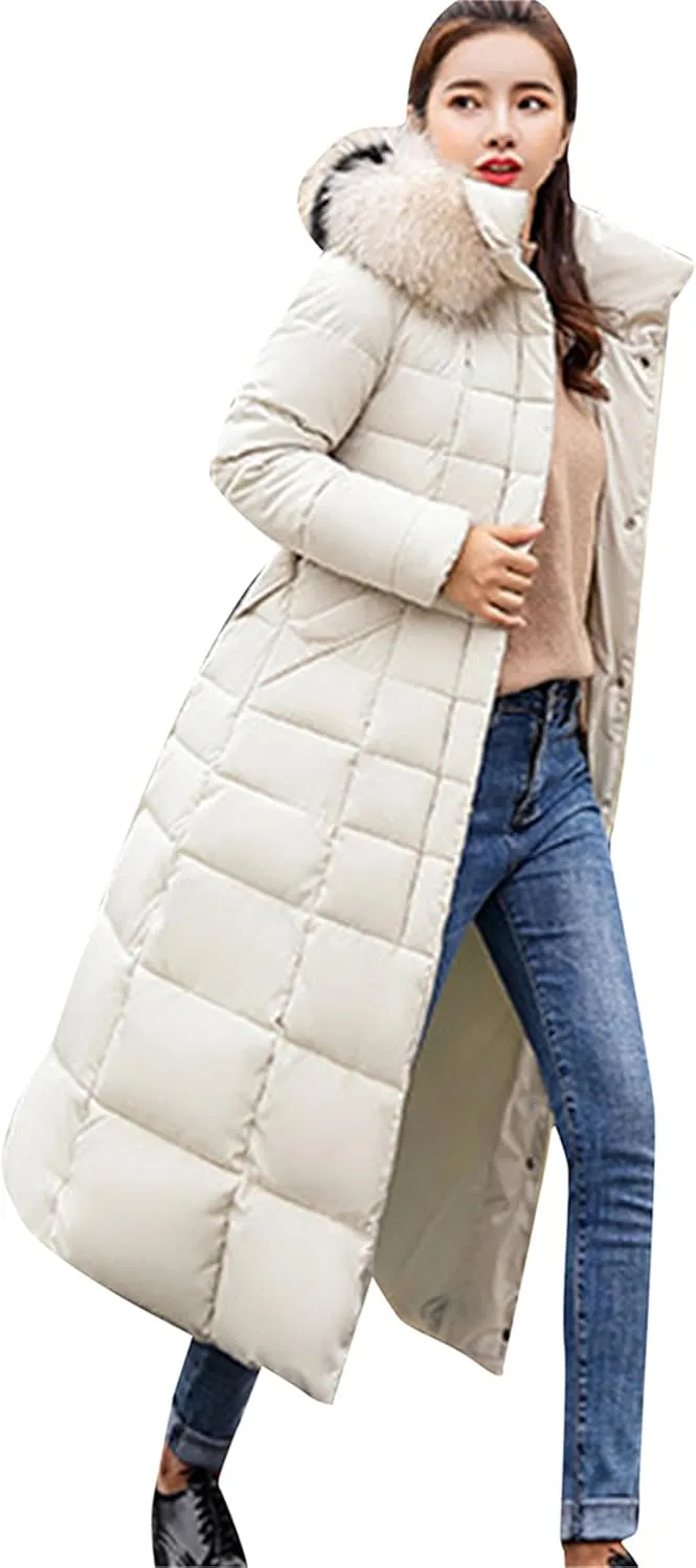 YMING Women's Winter Long Down Coat Pockets Maxi Down Parka Warm Puffer Jacket with Faux Fur Hood