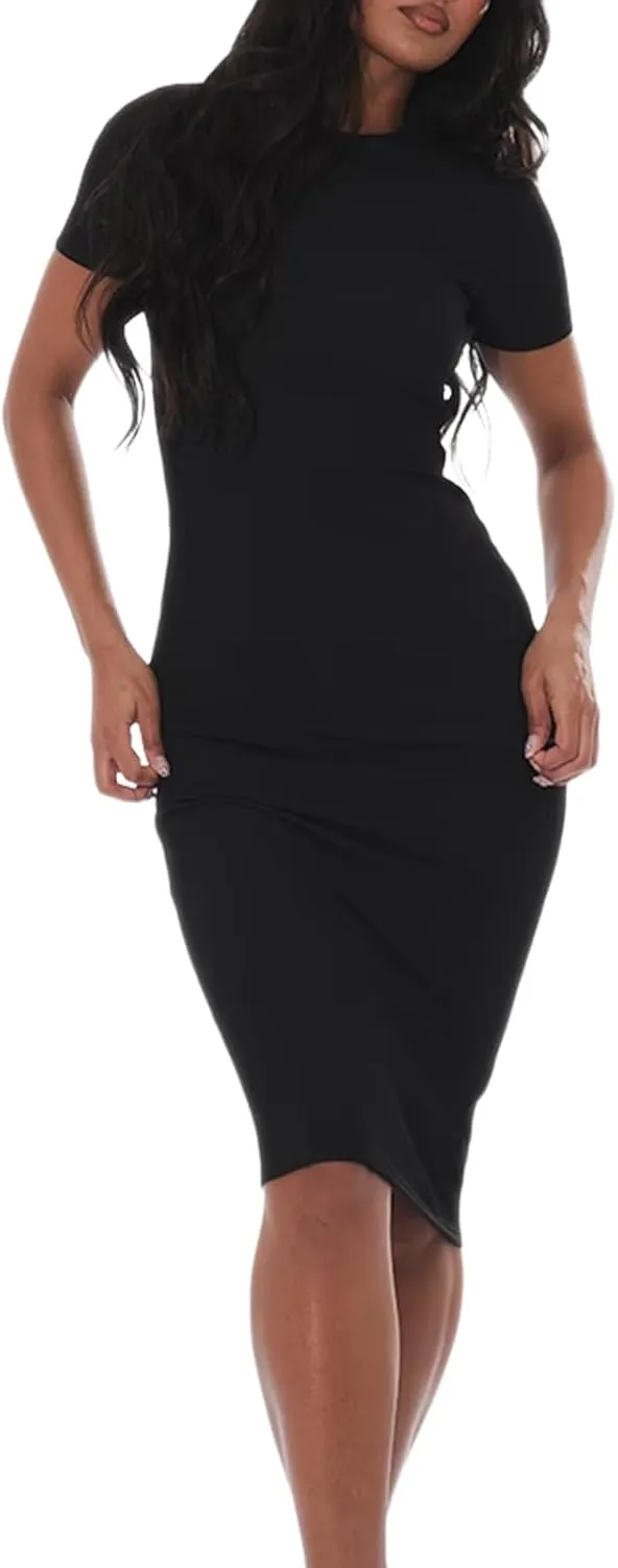 YouSexy Women's Summer Short Sleeve Ribbed Casual Dresses Crew Neck Bodycon Midi Dress