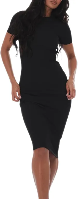 YouSexy Women's Summer Short Sleeve Ribbed Casual Dresses Crew Neck Bodycon Midi Dress