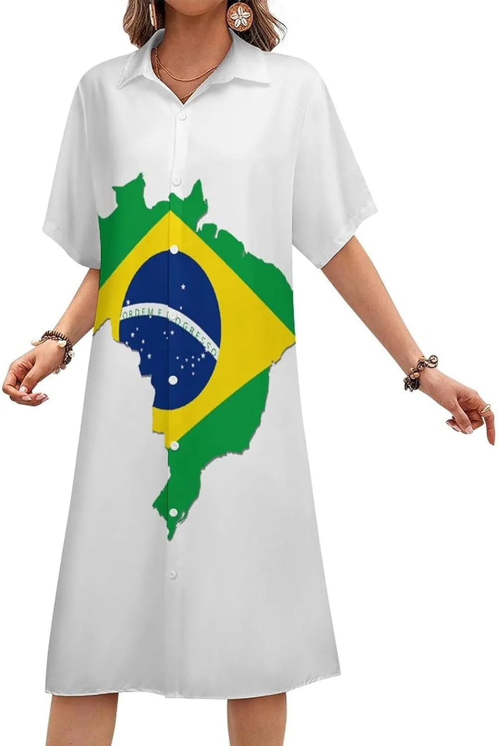 Zakqeik Women's Honduras Flag Shirt Dress Collar V-Neck Button Down Loose Short Sleeve Long Dresses
