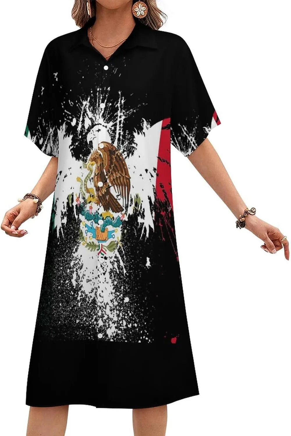 Zakqeik Women's Ukraine Flag Flower Shirt Dress Collar V-Neck Button Down Loose Long Dresses