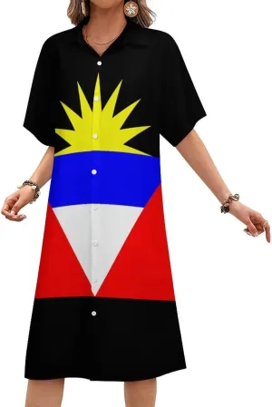 Zakqeik Women's Zimbabwe Flag Shirt Dress Collar V-Neck Button Down Loose Short Sleeve Long Dresses