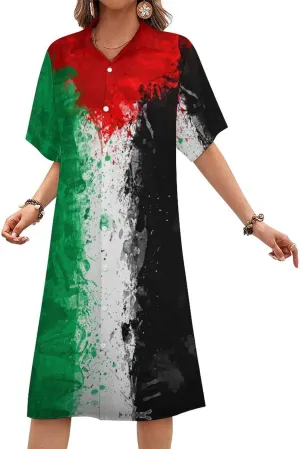 Zakqeik Women's Zimbabwe Flag Shirt Dress Collar V-Neck Button Down Loose Short Sleeve Long Dresses