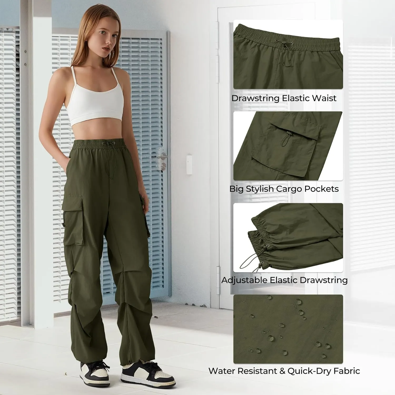 Zando Baggy Cargo Parachute Pants Women High Waisted Wide Leg Waterproof Windbreaker Hiking Pants for Women