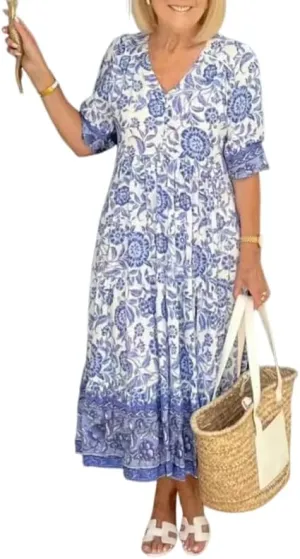 ZOCAVIA Womens V Neck Midi Dress Casual Boho Half Sleeve Dresses Elegant Flowy Dress Floral Chiffon Vacation Loose Dress