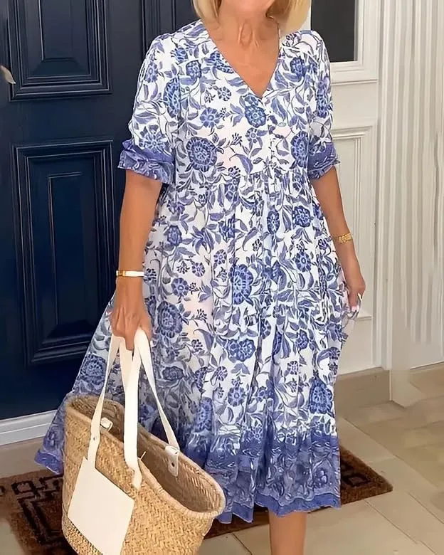 ZOCAVIA Womens V Neck Midi Dress Casual Boho Half Sleeve Dresses Elegant Flowy Dress Floral Chiffon Vacation Loose Dress