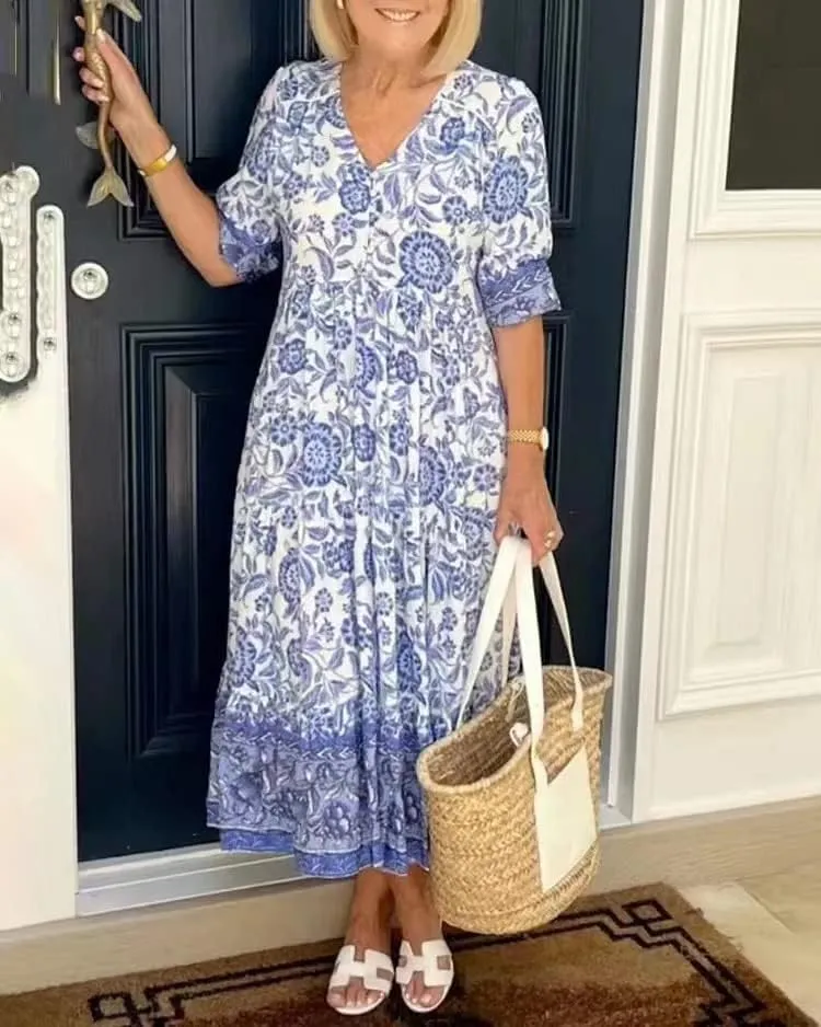 ZOCAVIA Womens V Neck Midi Dress Casual Boho Half Sleeve Dresses Elegant Flowy Dress Floral Chiffon Vacation Loose Dress